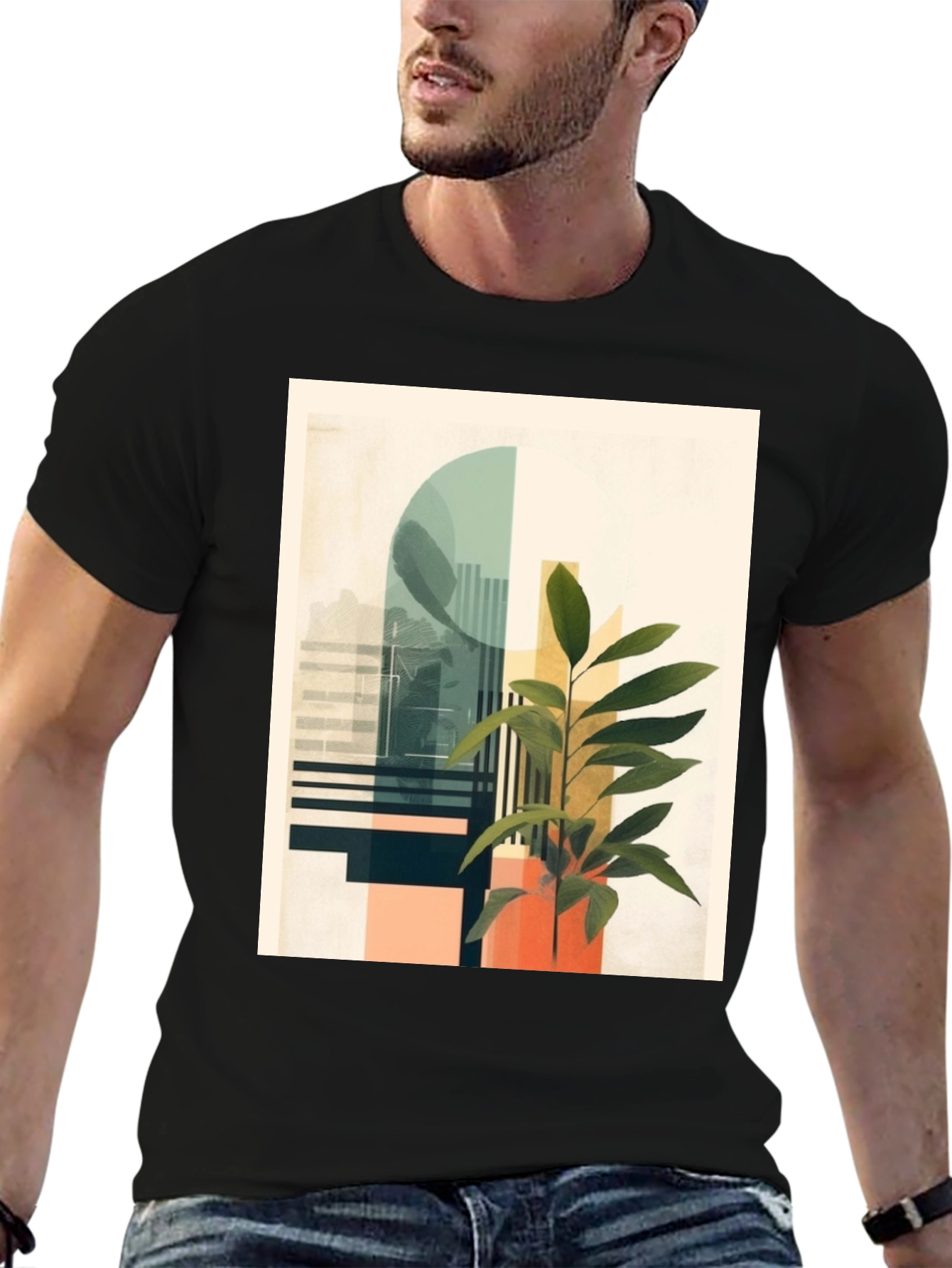 Abstract Plant Graphic Tee - Modern Black T-Shirt