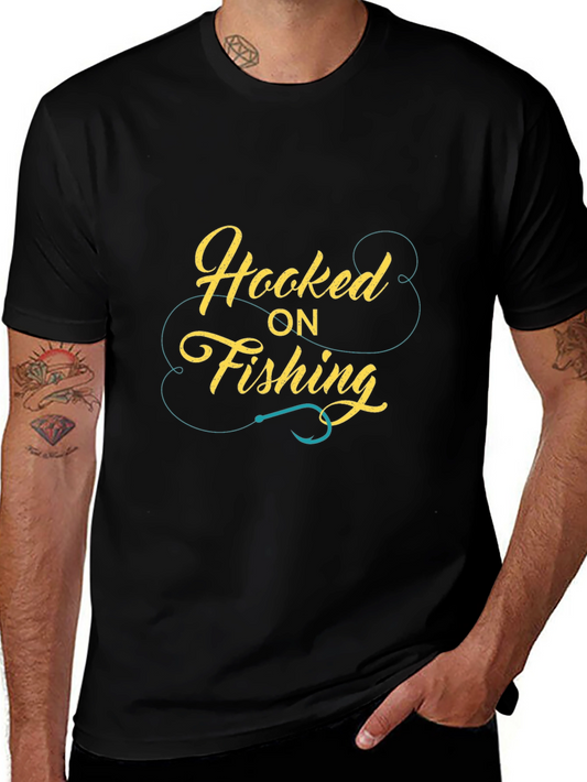 Hooked On Fishing Graphic Print Mens Black T-Shirt