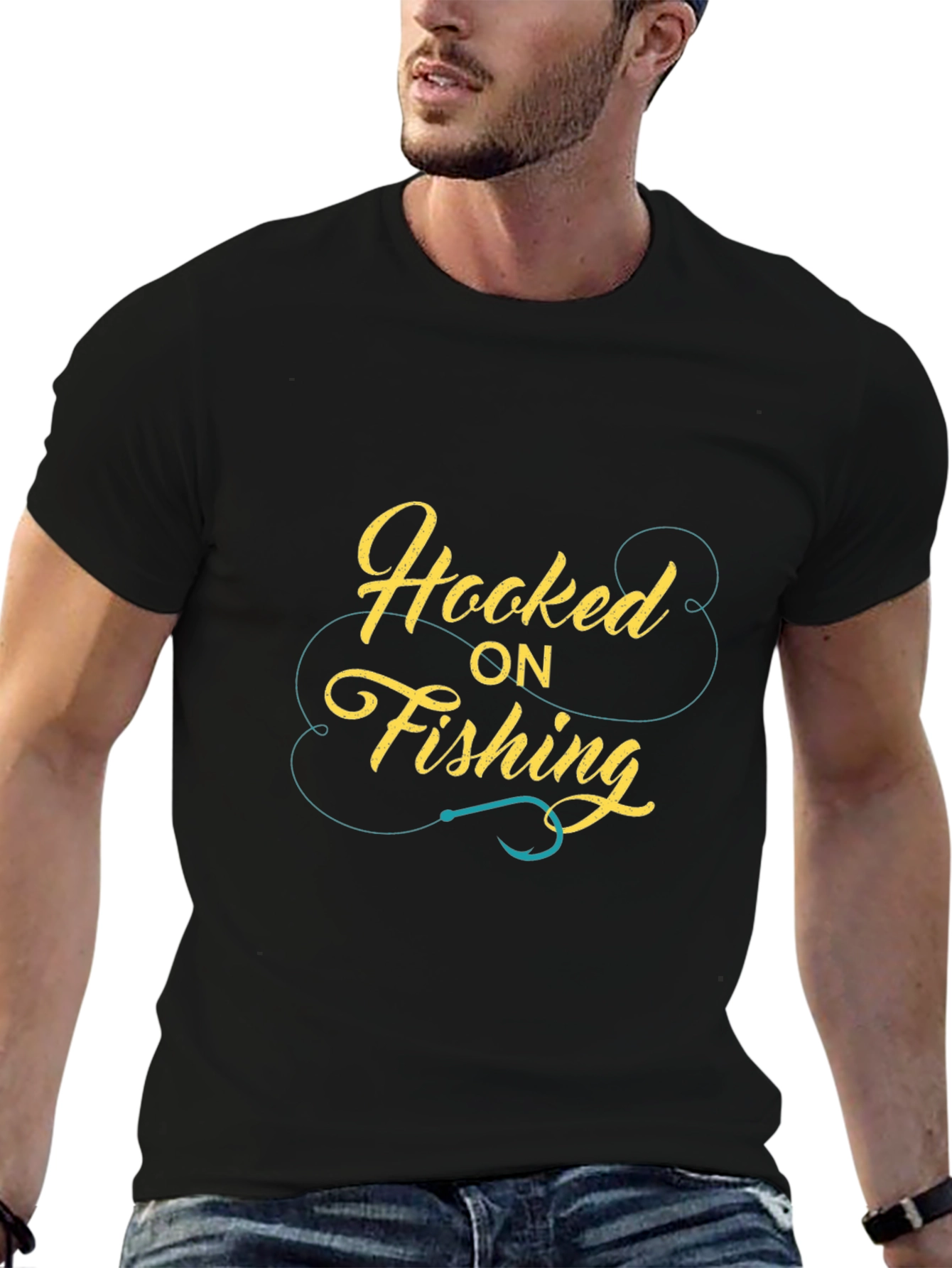 Hooked On Fishing Graphic Print Mens Black T-Shirt