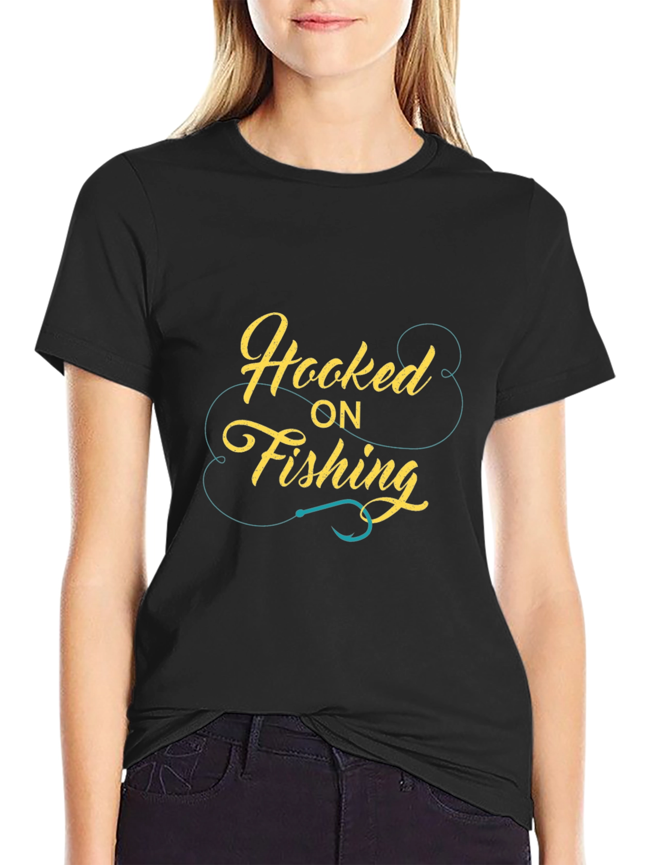 Hooked On Fishing Graphic Print Mens Black T-Shirt