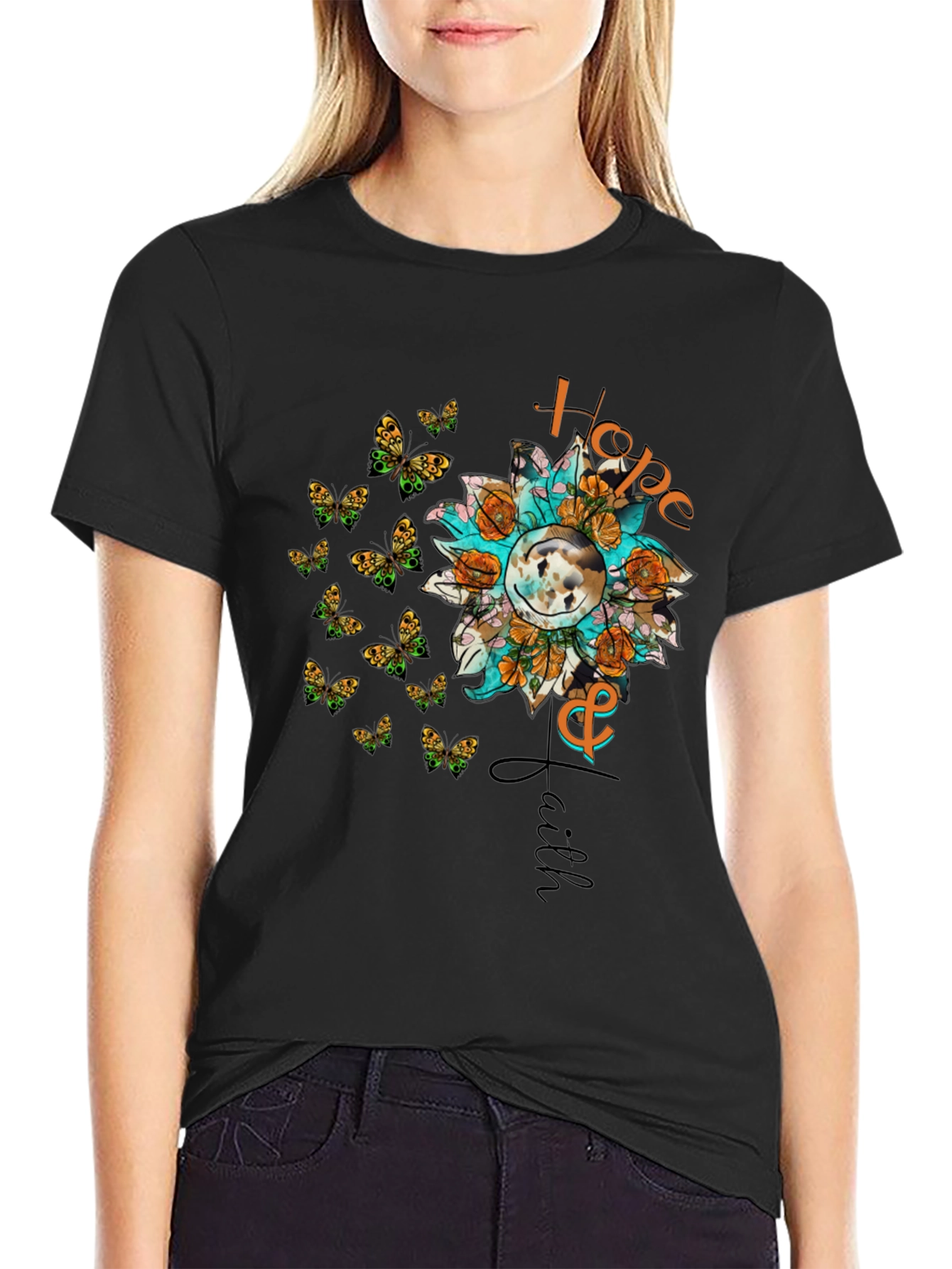 Hope and Faith Sunflower Butterfly Graphic T-Shirt