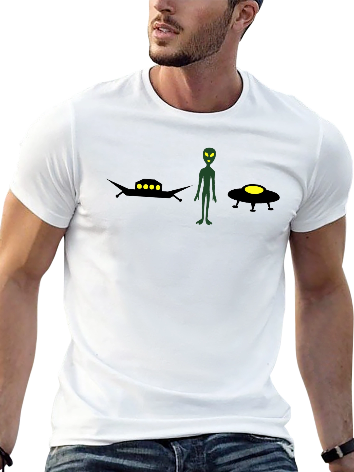 Alien UFO Graphic Tee - Black Cotton T-Shirt