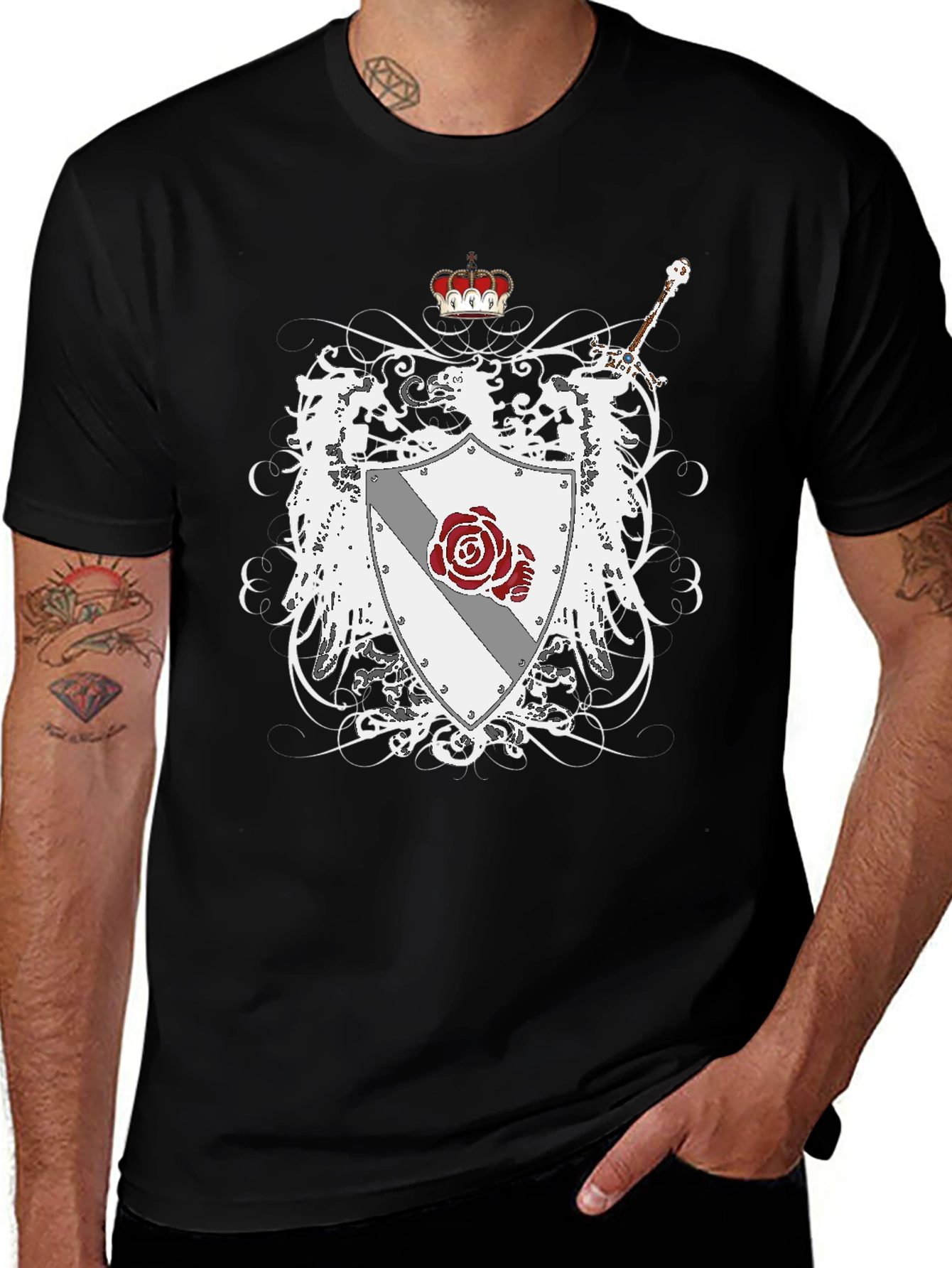 Heraldic Crest Rose Sword Graphic Tee