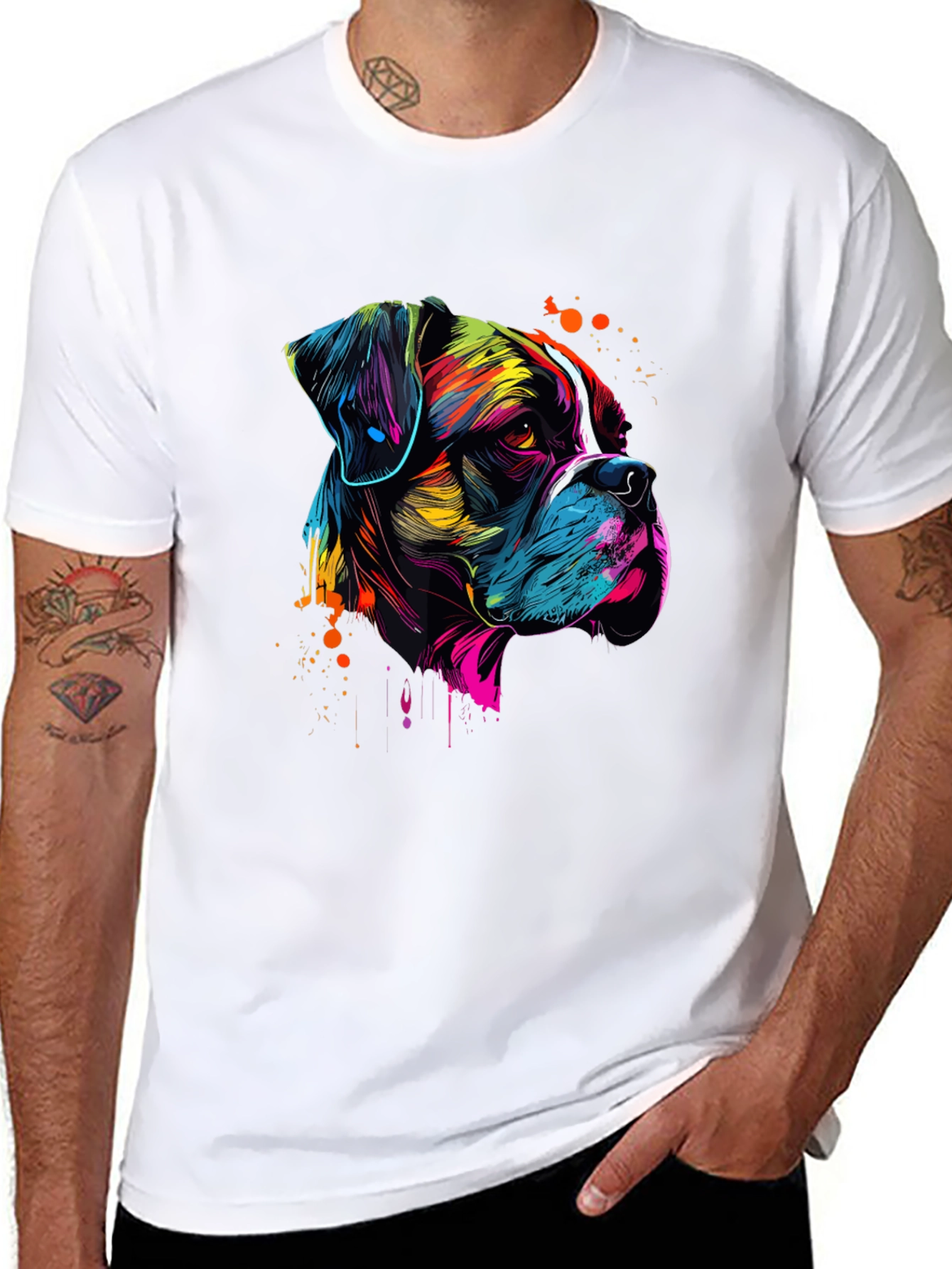 Abstract Boxer Dog Graphic Print Black T-Shirt