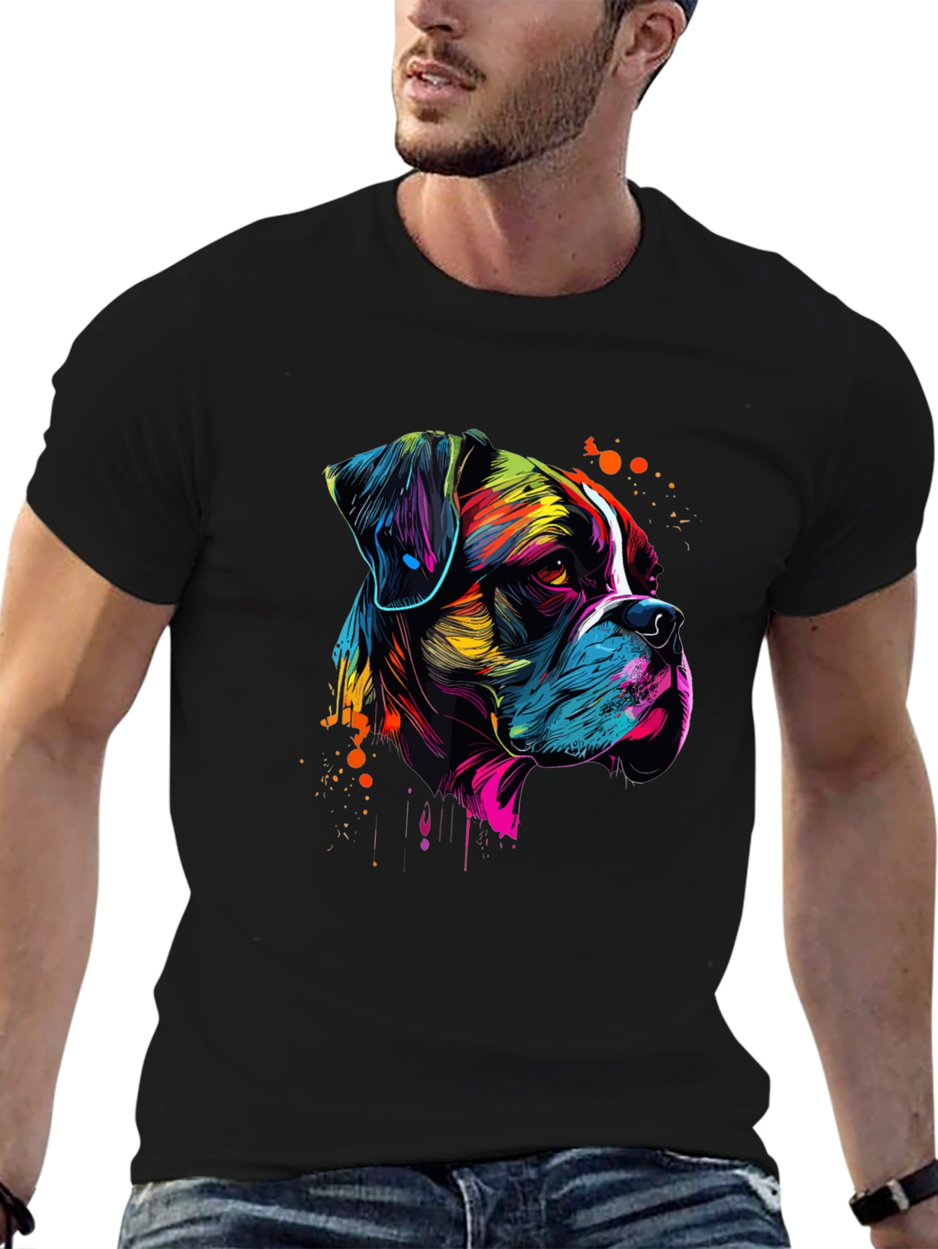Abstract Boxer Dog Graphic Print Black T-Shirt