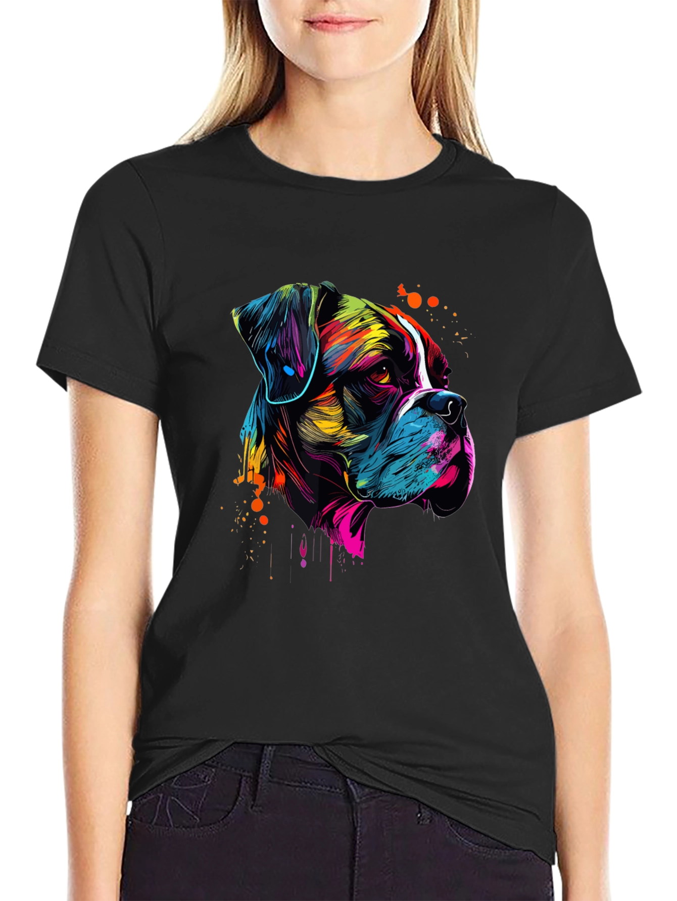 Abstract Boxer Dog Graphic Print Black T-Shirt