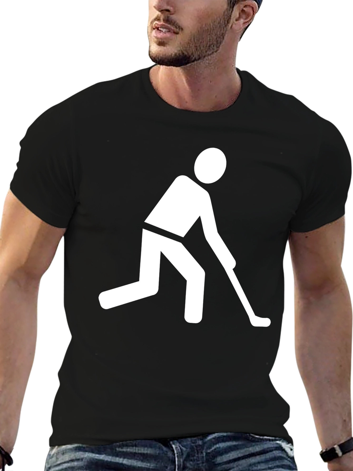 Hockey Player Graphic Tee - Black Cotton T-Shirt
