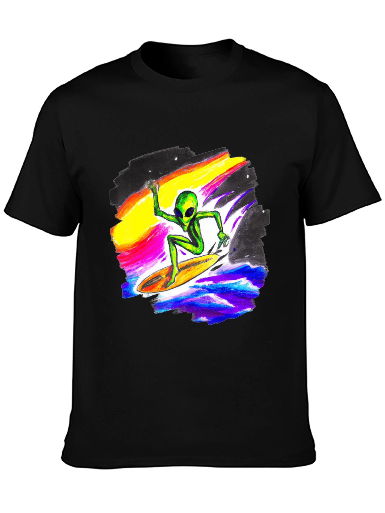 Alien Surfing T-Shirt - Black Crew Neck Tee