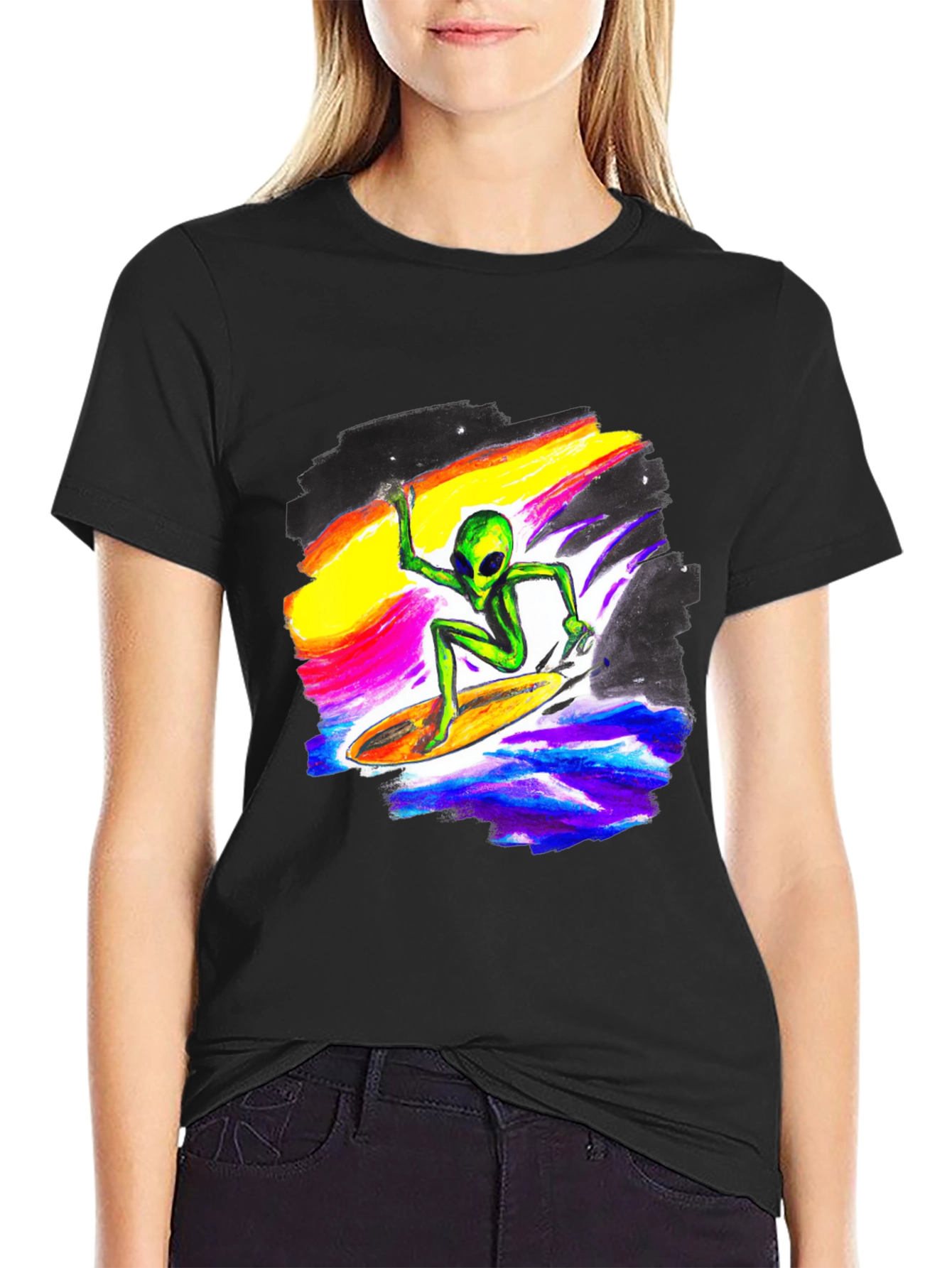 Alien Surfing T-Shirt - Black Crew Neck Tee