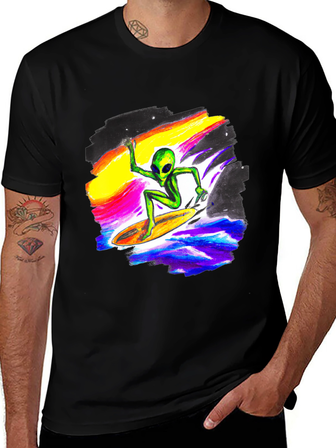 Alien Surfing T-Shirt - Black Crew Neck Tee