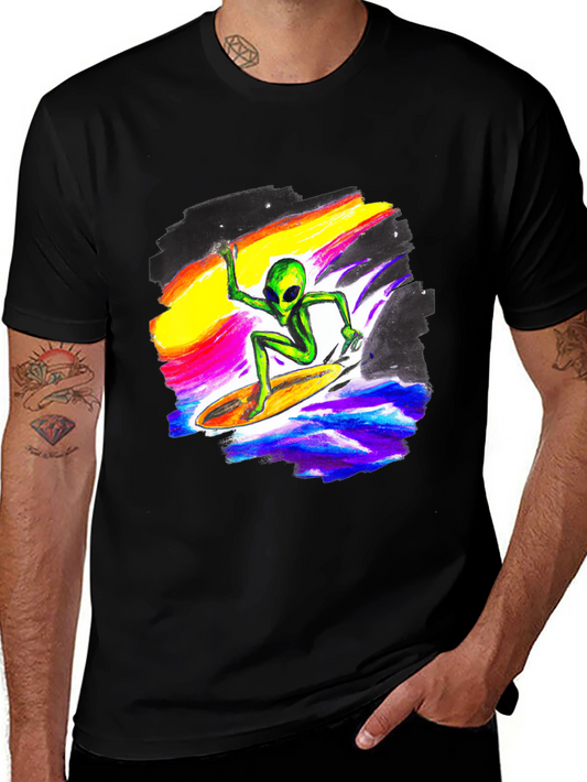 Alien Surfing T-Shirt - Black Crew Neck Tee