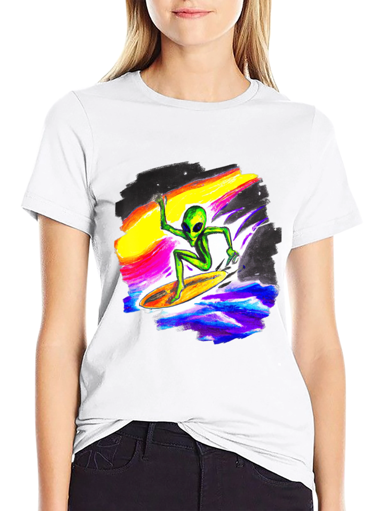 Alien Surfing T-Shirt - Black Crew Neck Tee