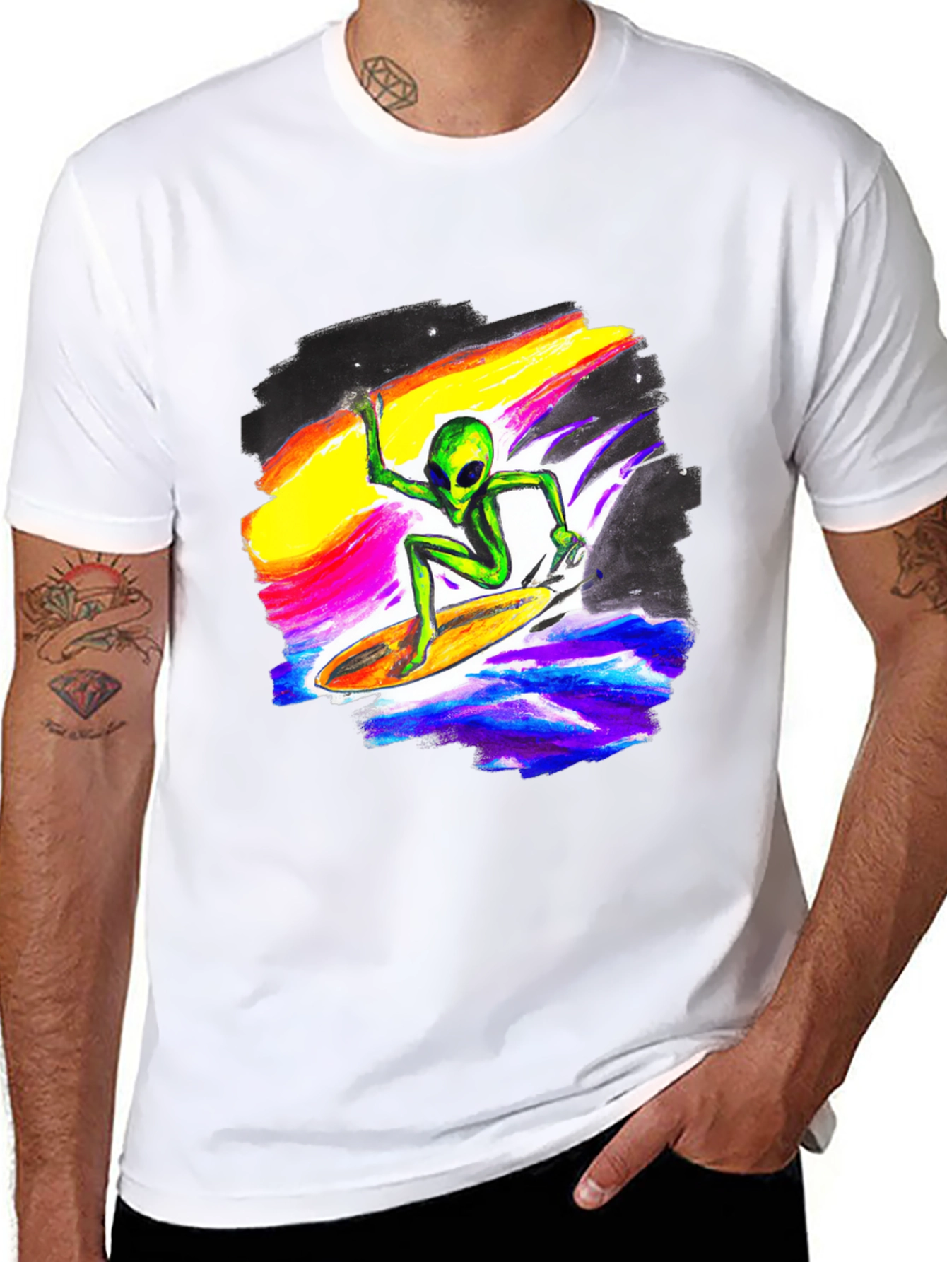Alien Surfing T-Shirt - Black Crew Neck Tee