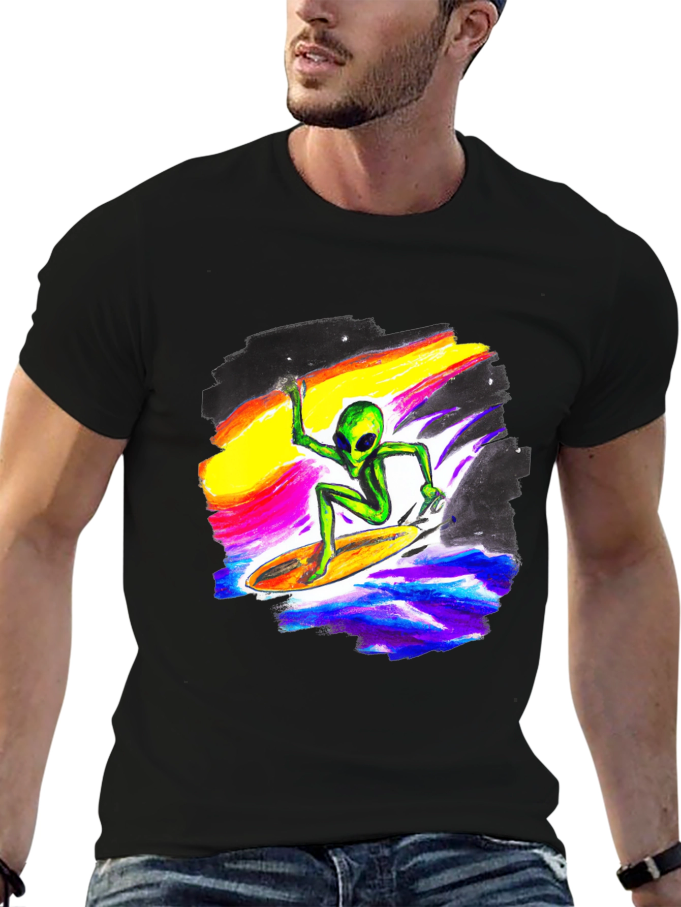 Alien Surfing T-Shirt - Black Crew Neck Tee