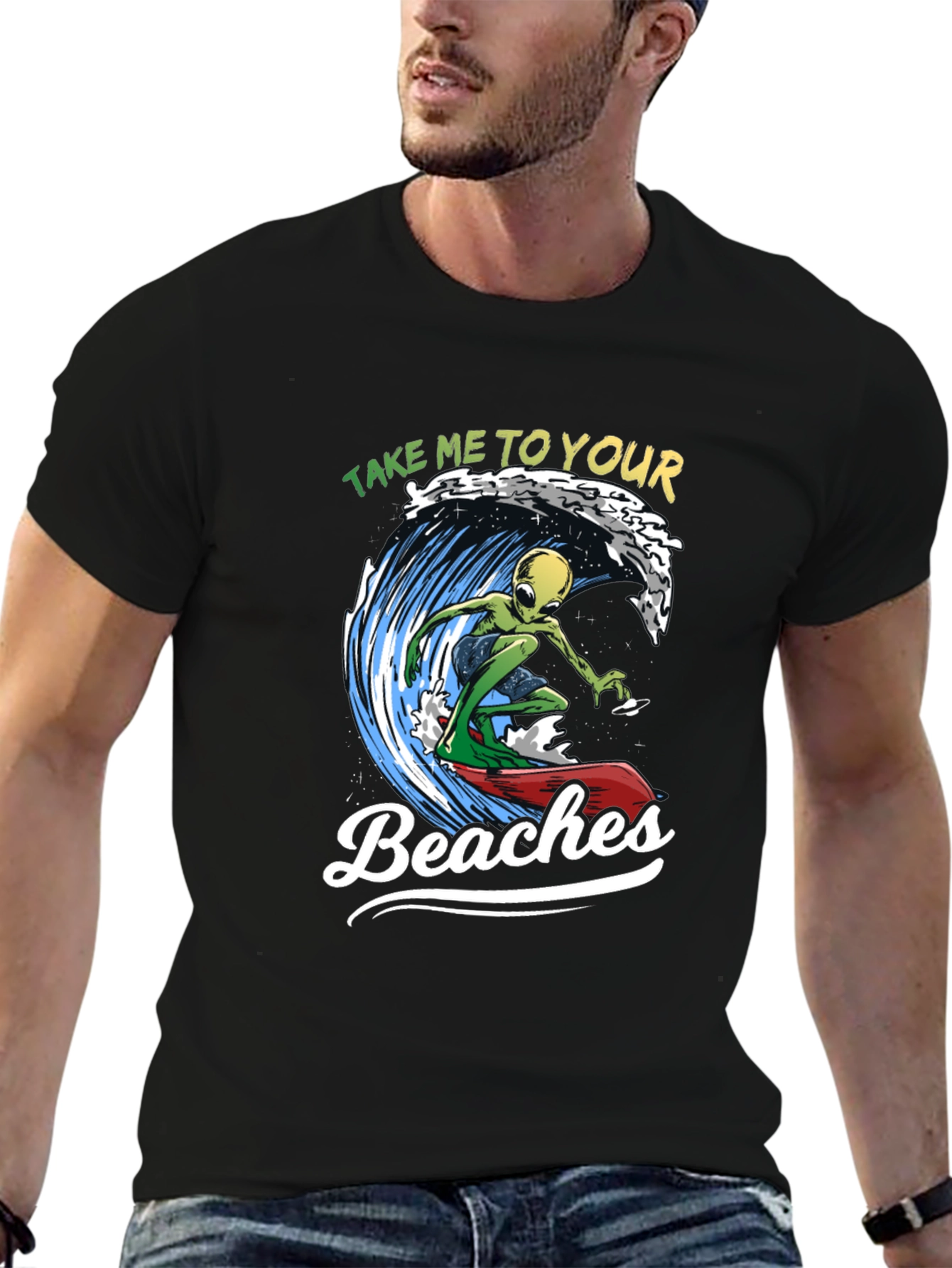 Alien Surfing T-Shirt - Take Me To Your Beaches