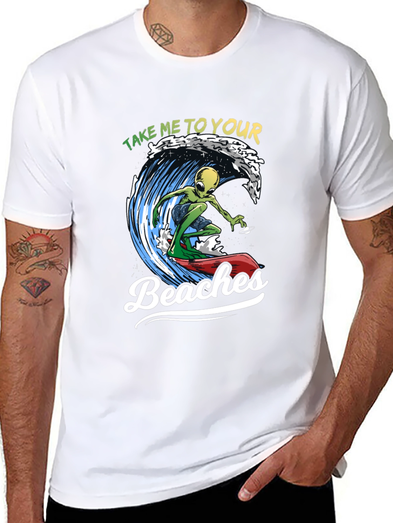 Alien Surfing T-Shirt - Take Me To Your Beaches