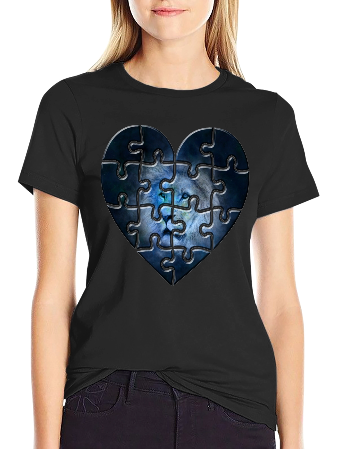 Heart Lion Puzzle Black T-Shirt
