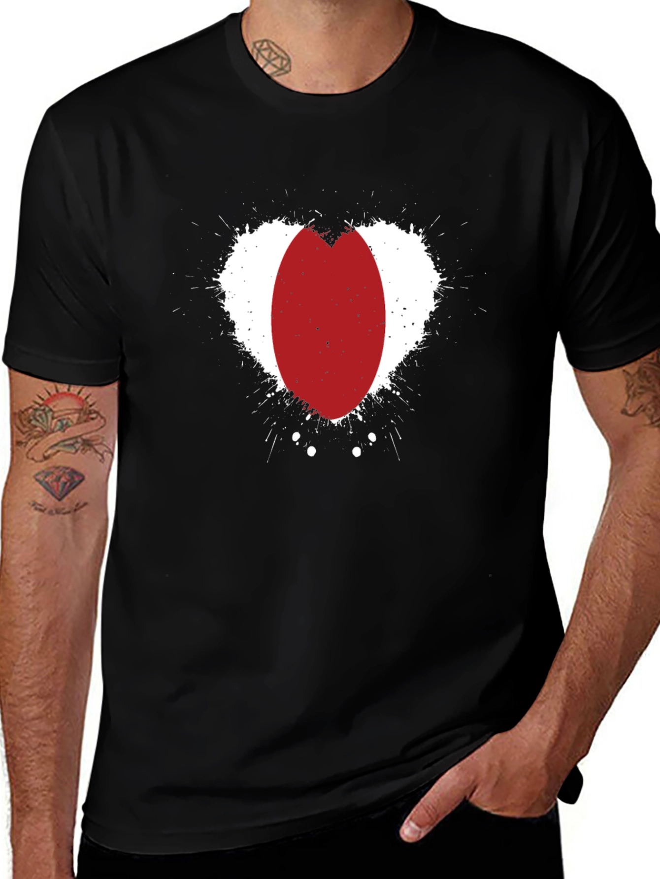 Abstract Red Oval Heart Print Black T-Shirt