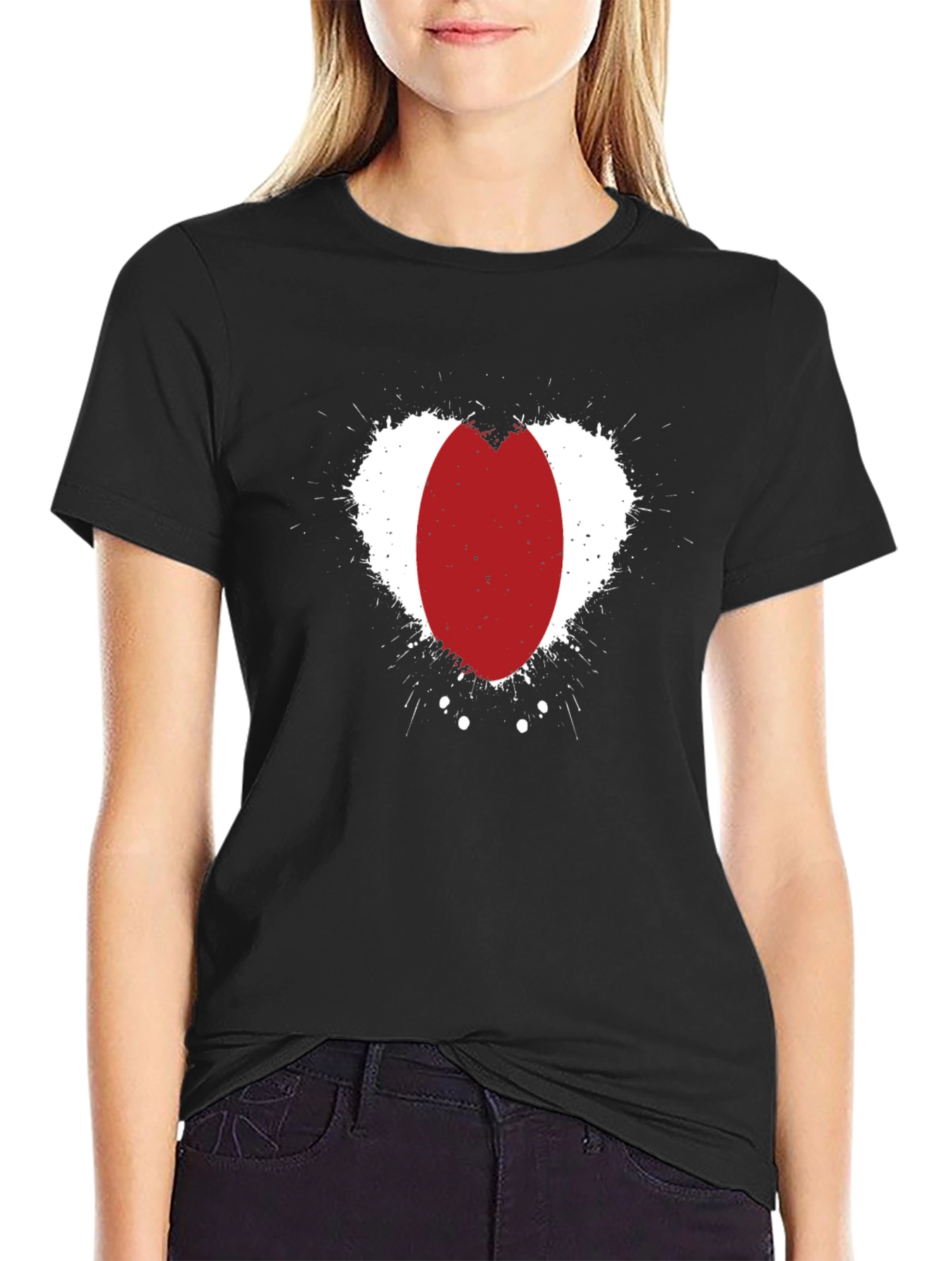 Abstract Red Oval Heart Print Black T-Shirt