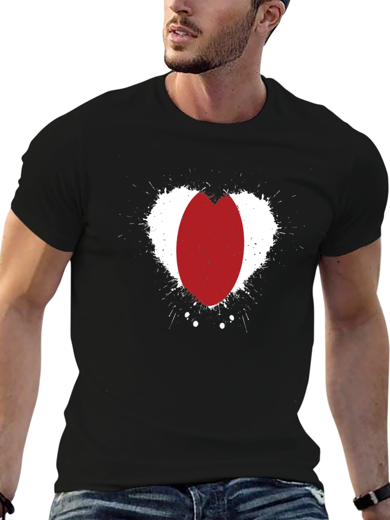 Abstract Red Oval Heart Print Black T-Shirt