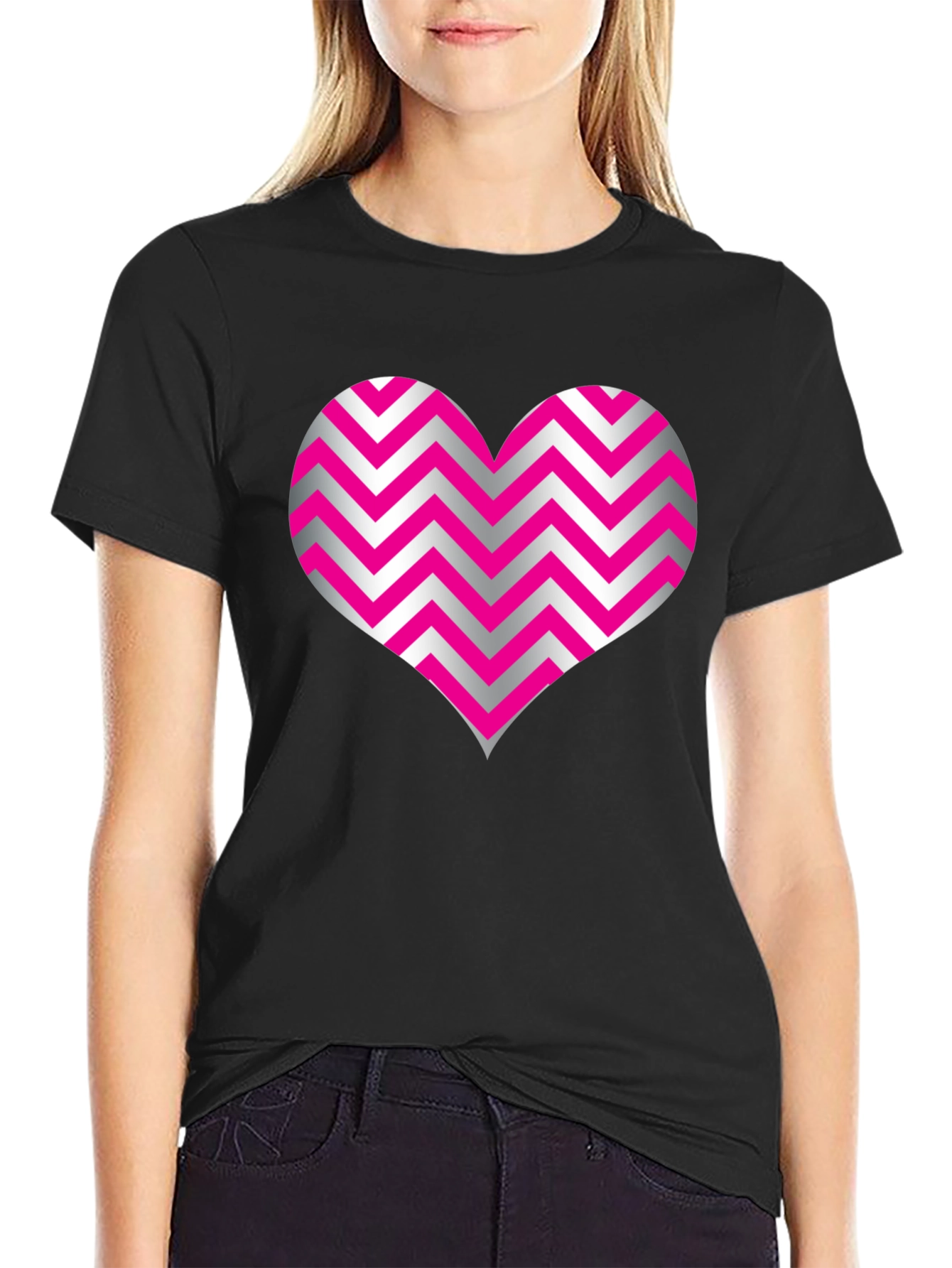 Heart Zig Zag Pattern Black T-Shirt