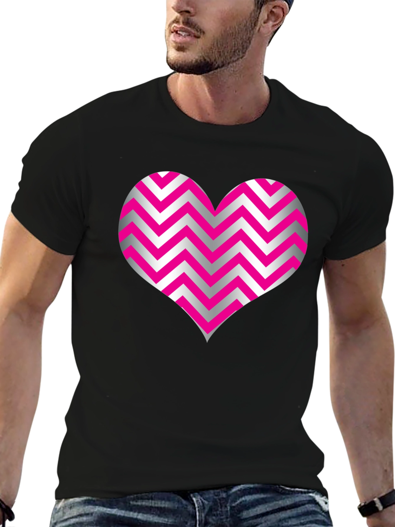 Heart Zig Zag Pattern Black T-Shirt