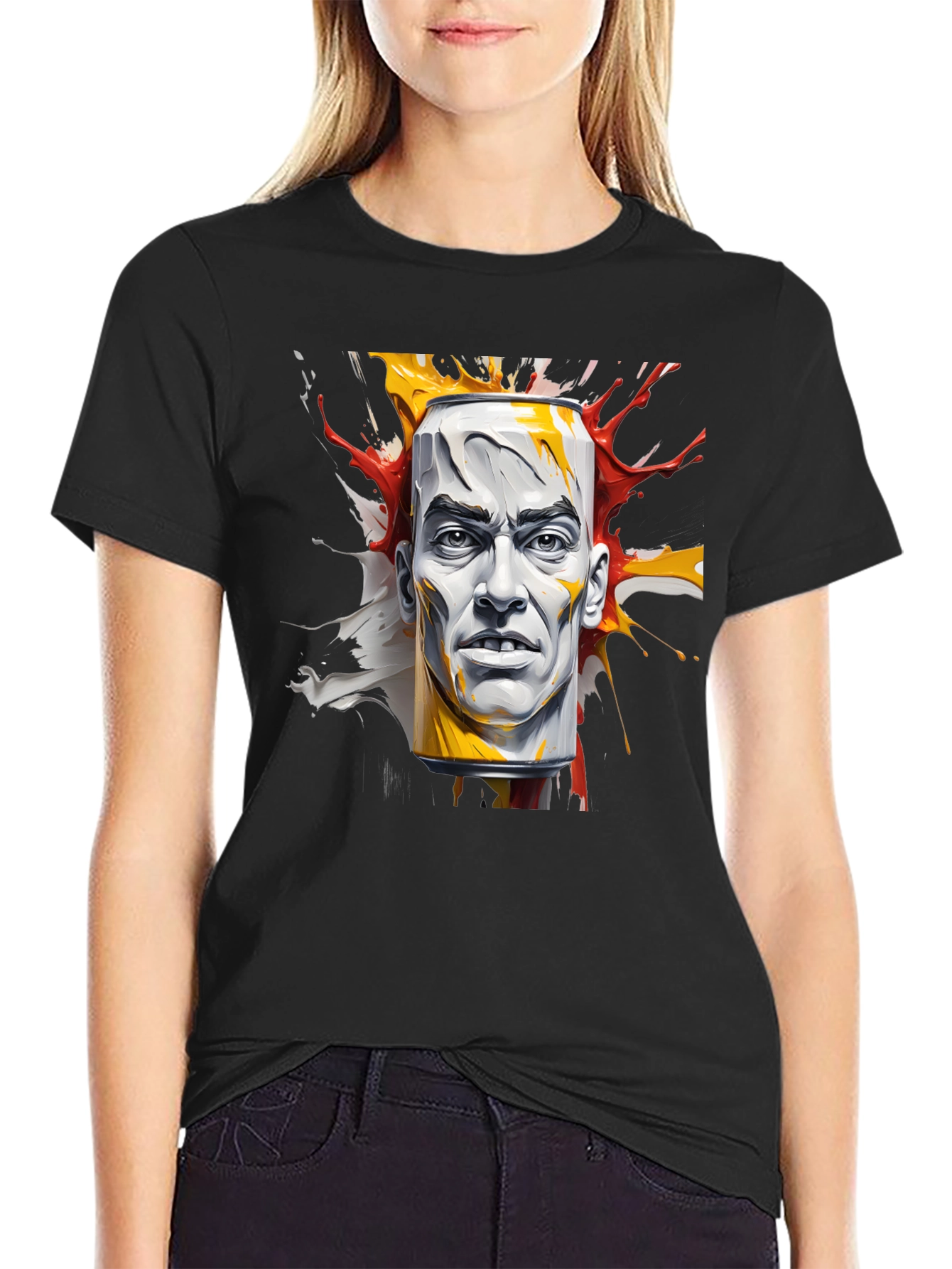 Abstract Face Can Print Black Tee