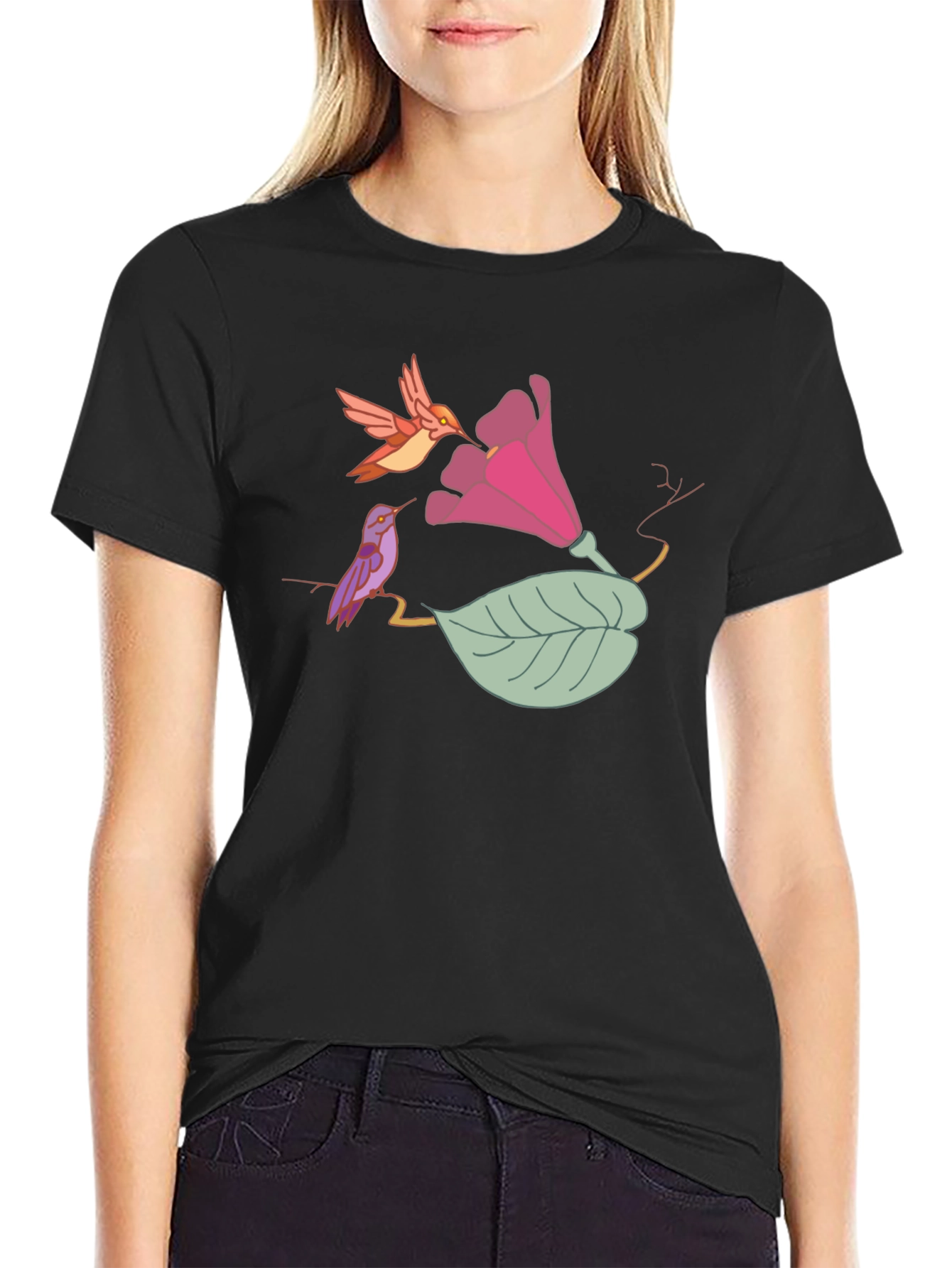 Hummingbird Floral Black T-Shirt