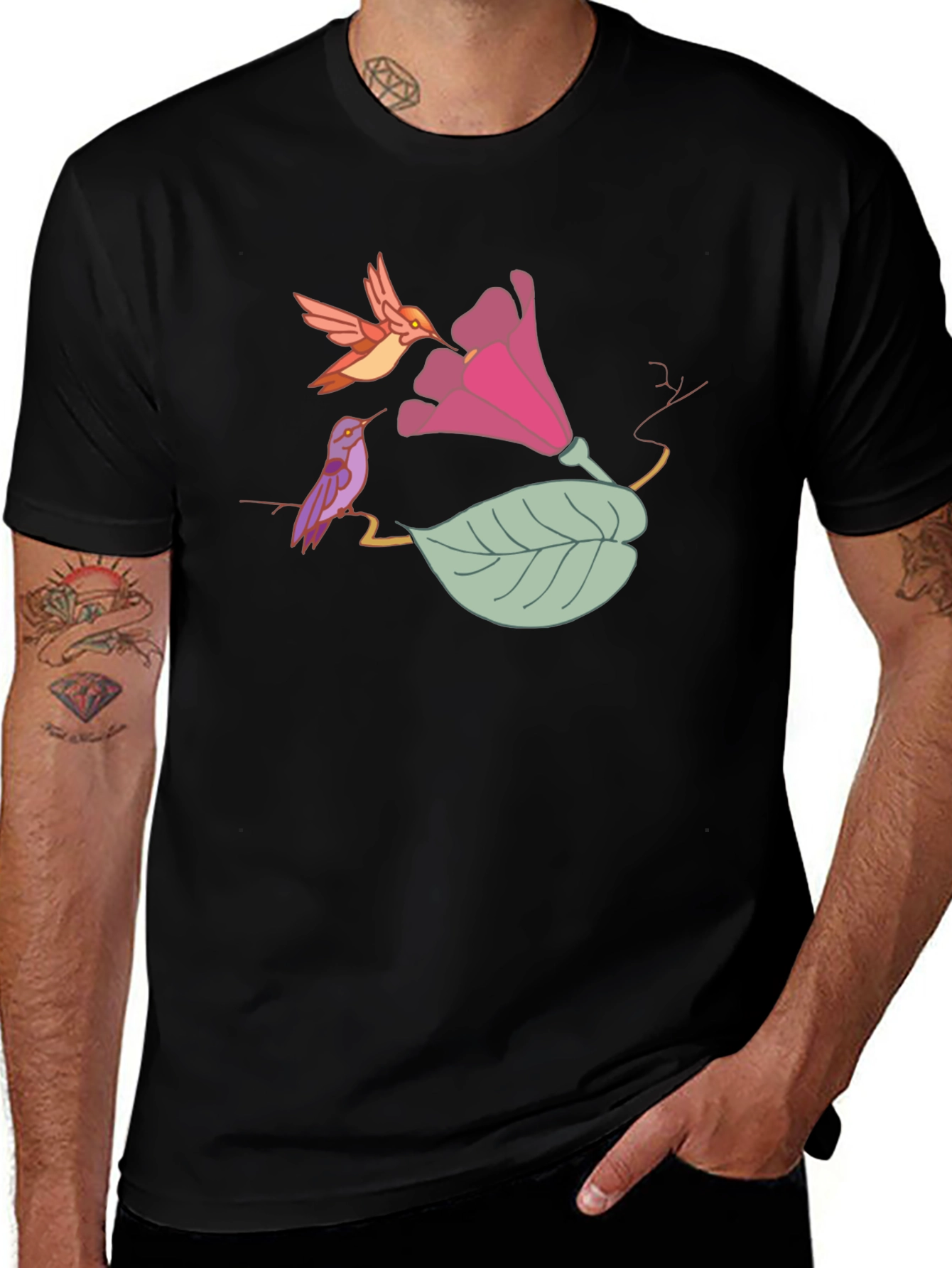 Hummingbird Floral Black T-Shirt