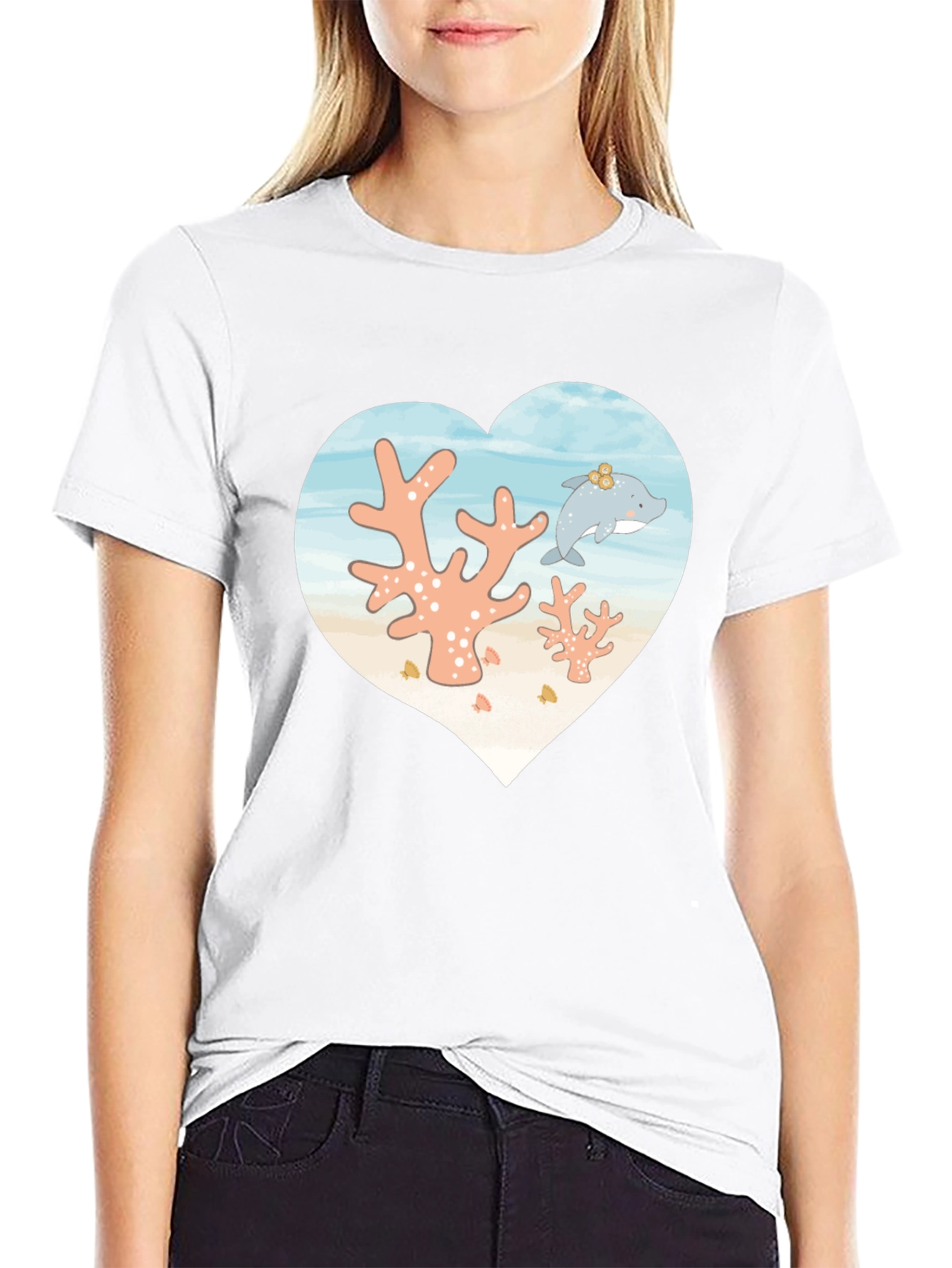 Heart Dolphin Coral Reef Graphic T-Shirt