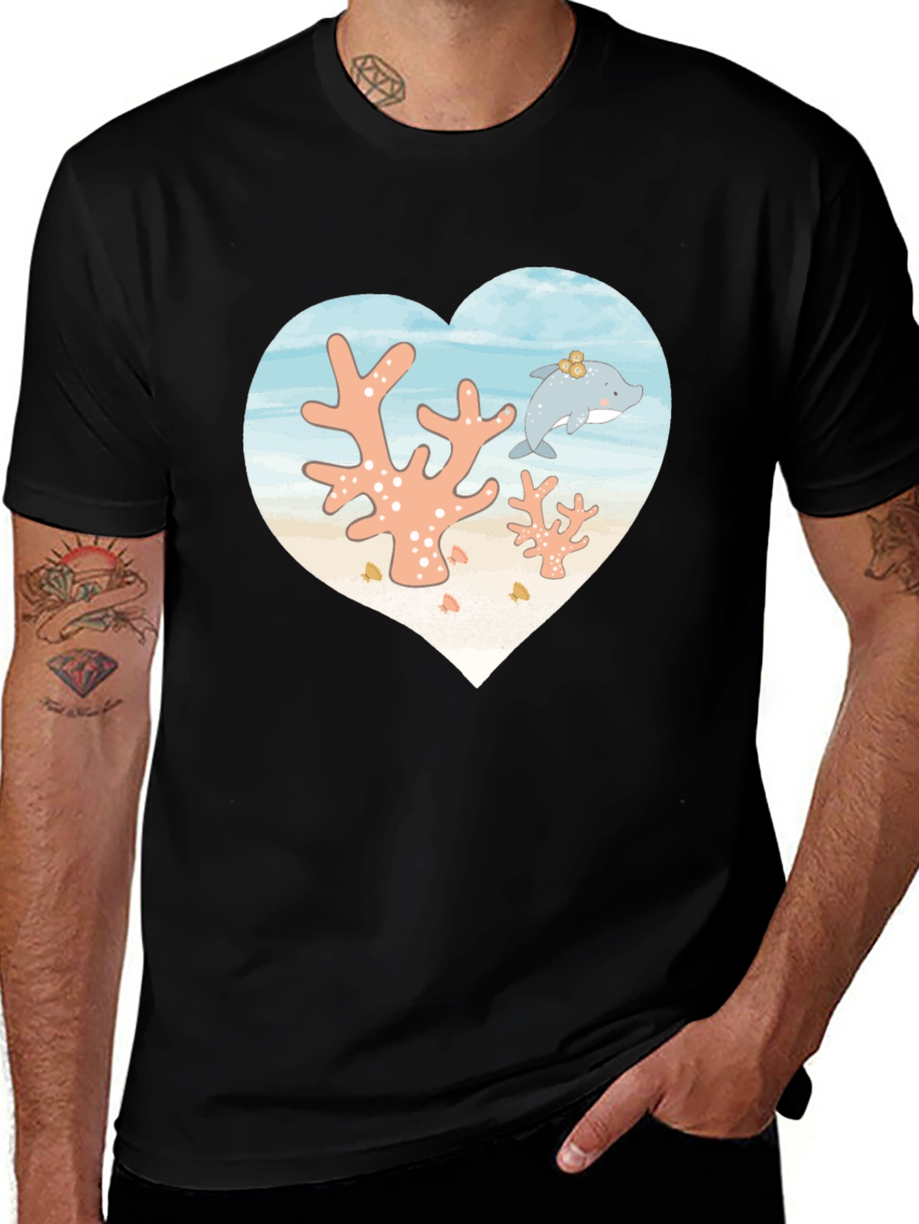Heart Dolphin Coral Reef Graphic T-Shirt