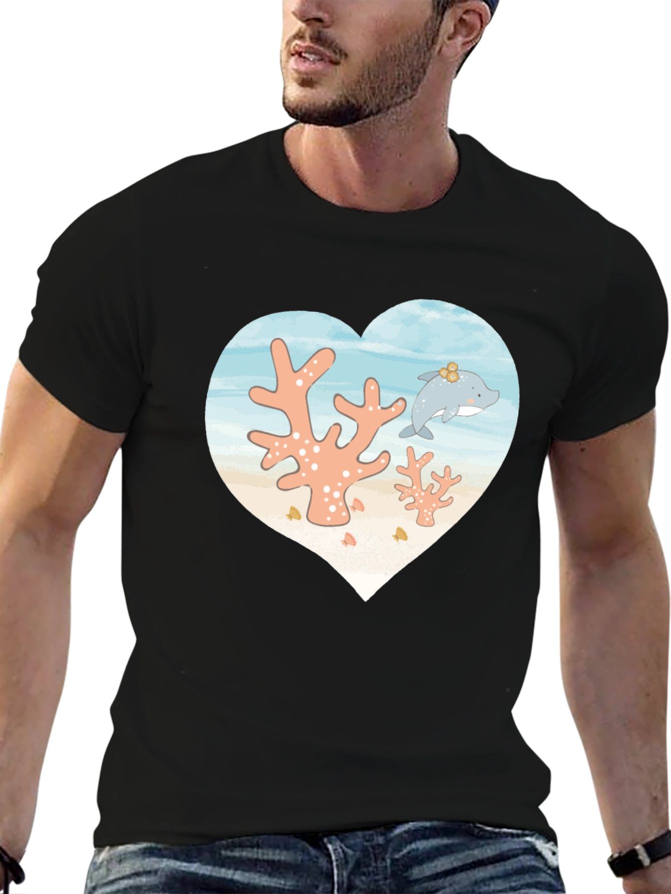 Heart Dolphin Coral Reef Graphic T-Shirt