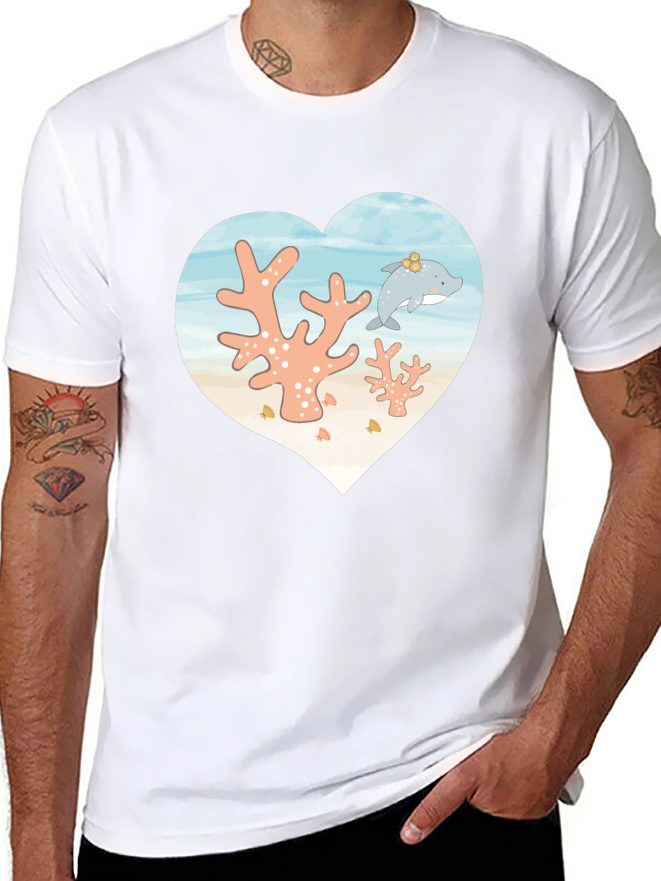 Heart Dolphin Coral Reef Graphic T-Shirt