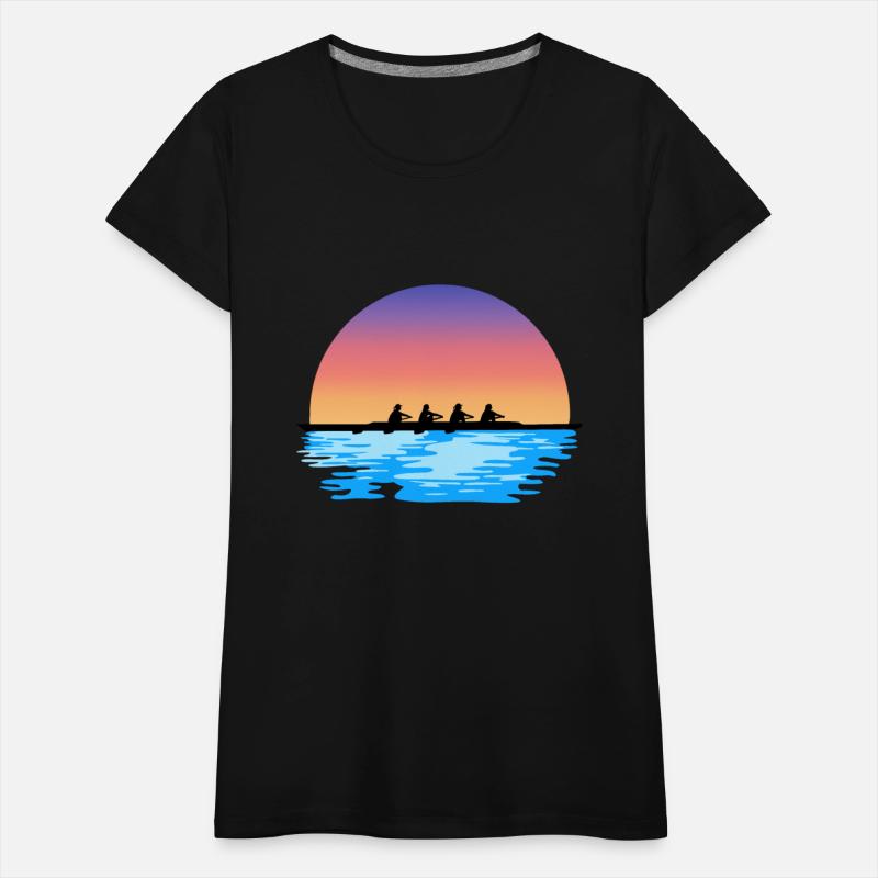 Rowing, Crew, Female Rowing team on water & sunset