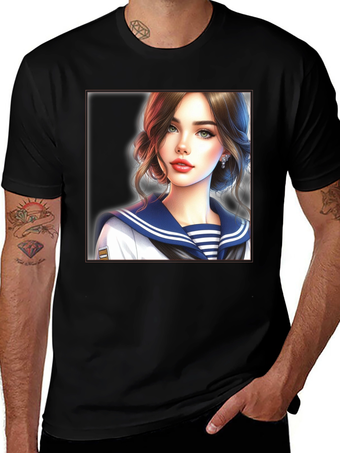 Anime Girl Sailor Outfit Black T-Shirt