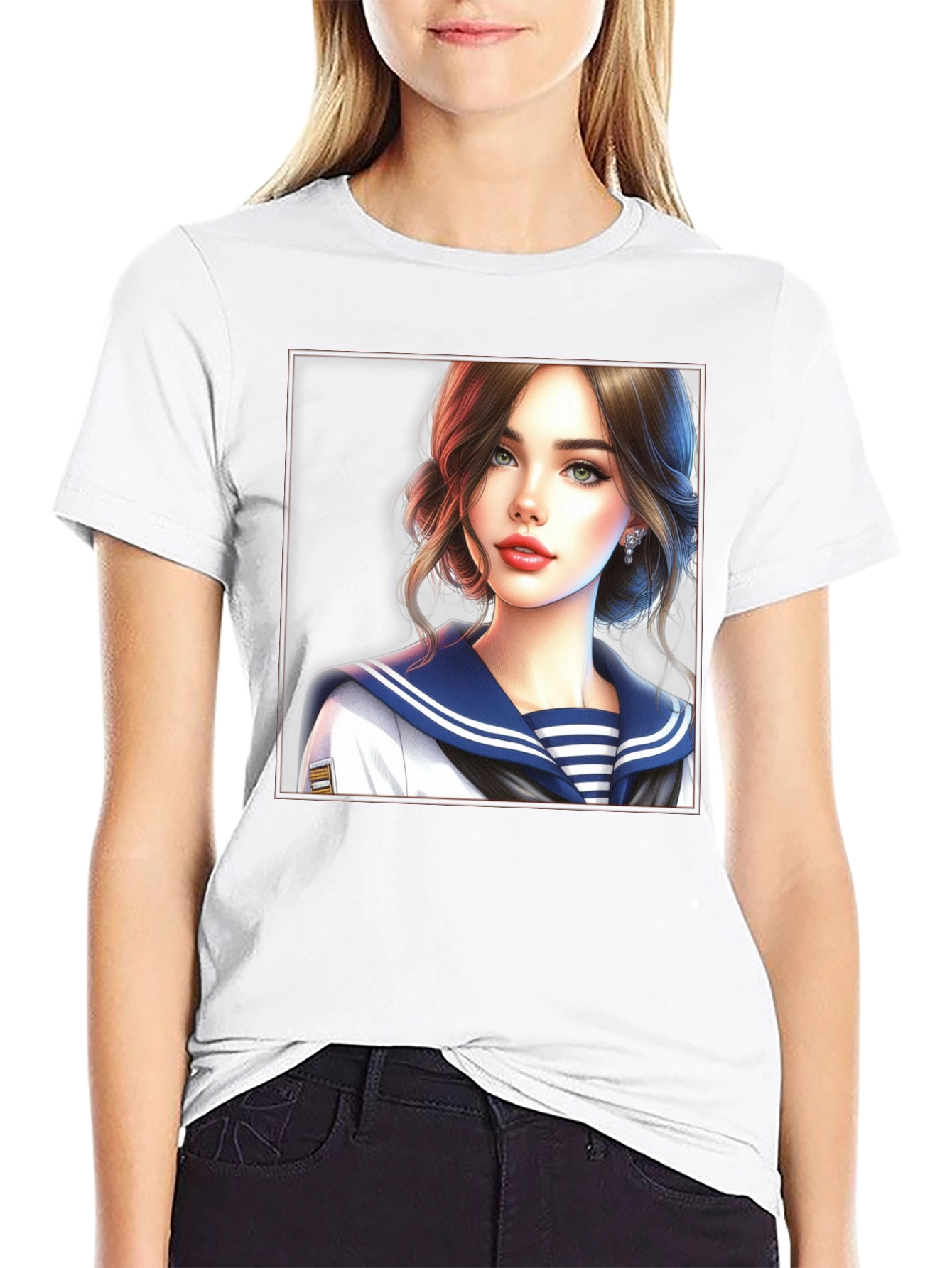 Anime Girl Sailor Outfit Black T-Shirt