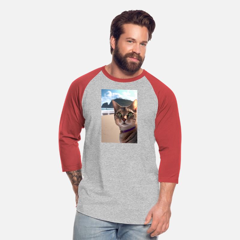 Tabby cat with purple collar at the beach