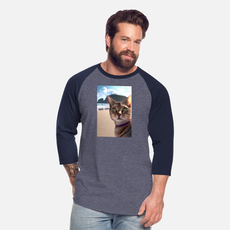 Tabby cat with purple collar at the beach