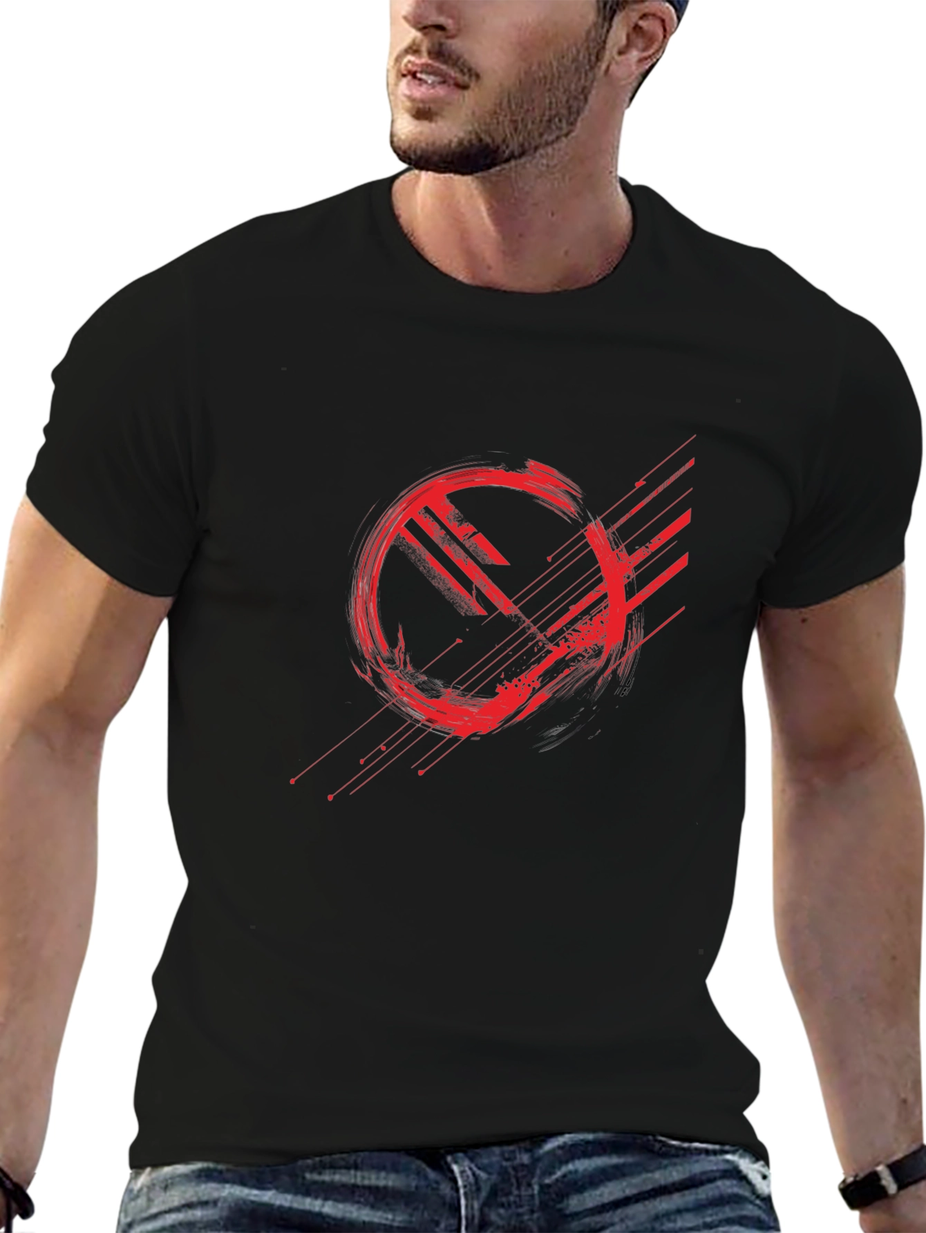 Abstract Red Graphic Print Black T-Shirt