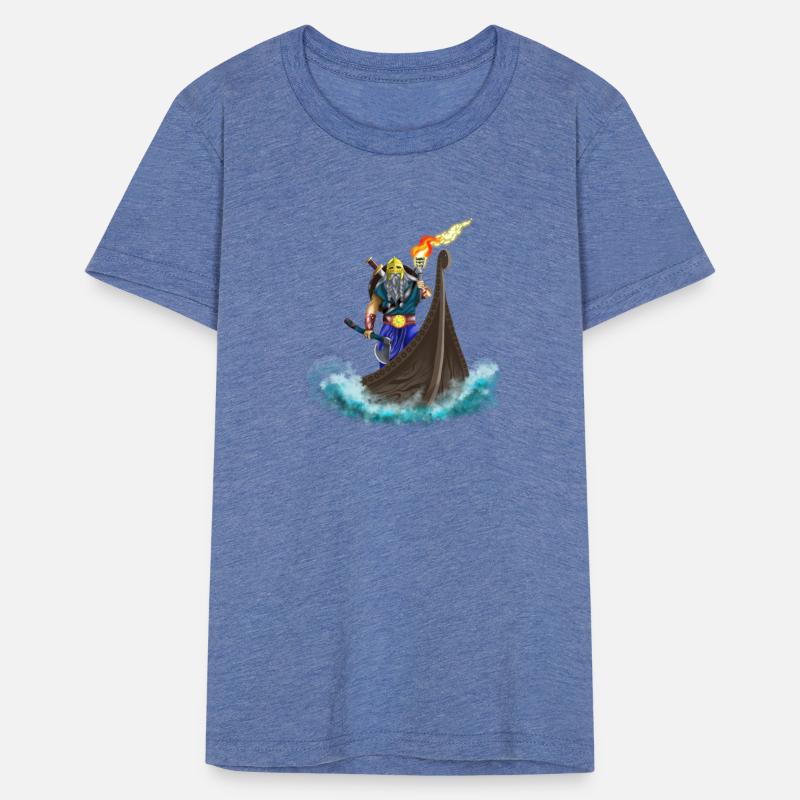 Viking king in Viking ship with torch and axe