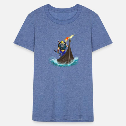 Viking king in Viking ship with torch and axe