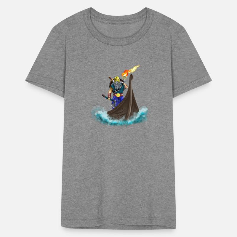 Viking king in Viking ship with torch and axe