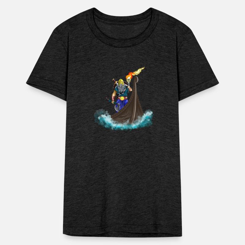 Viking king in Viking ship with torch and axe