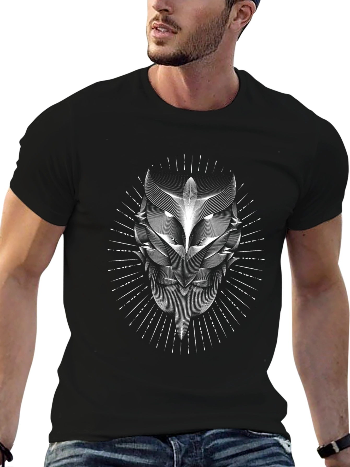 Abstract Owl Graphic Print Black T-Shirt