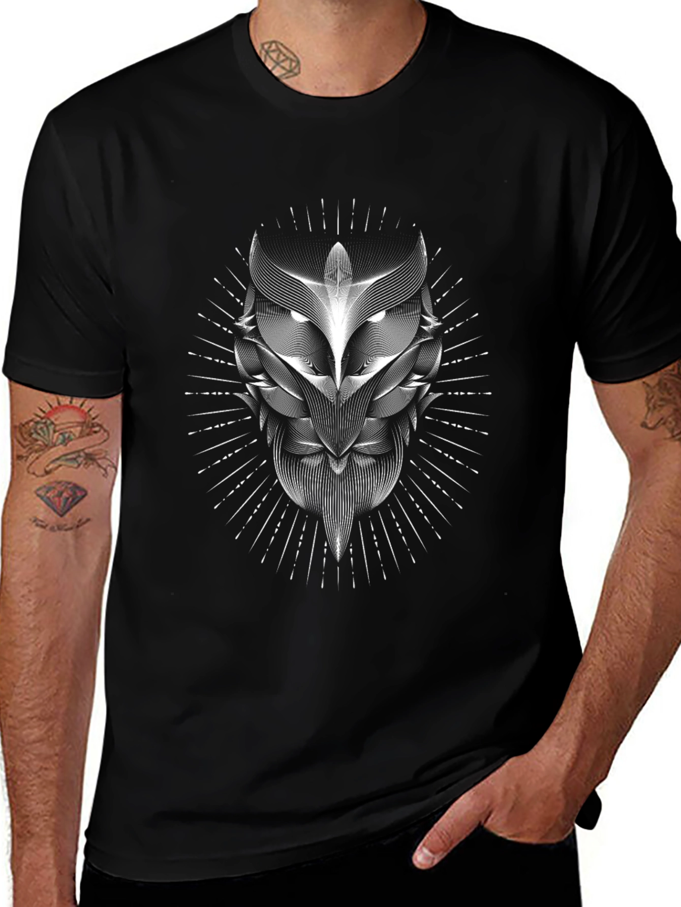 Abstract Owl Graphic Print Black T-Shirt
