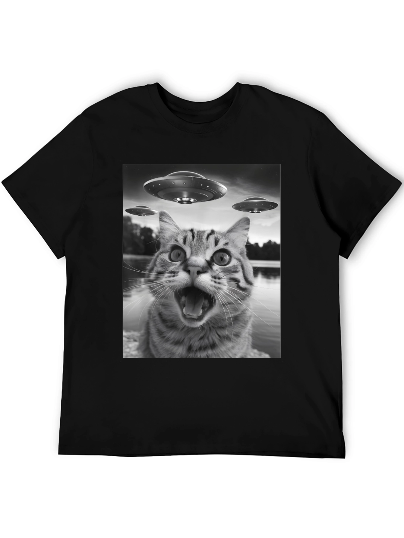 Alien Cat Abduction Black T-Shirt