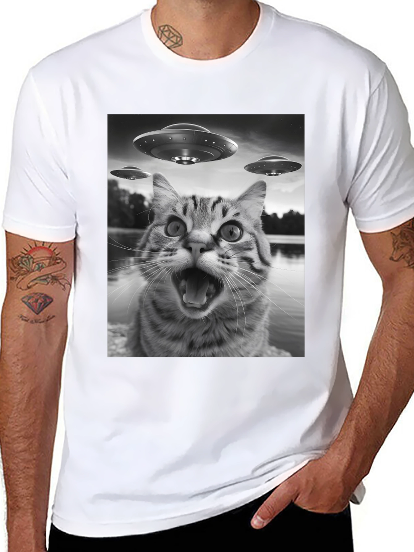 Alien Cat Abduction Black T-Shirt