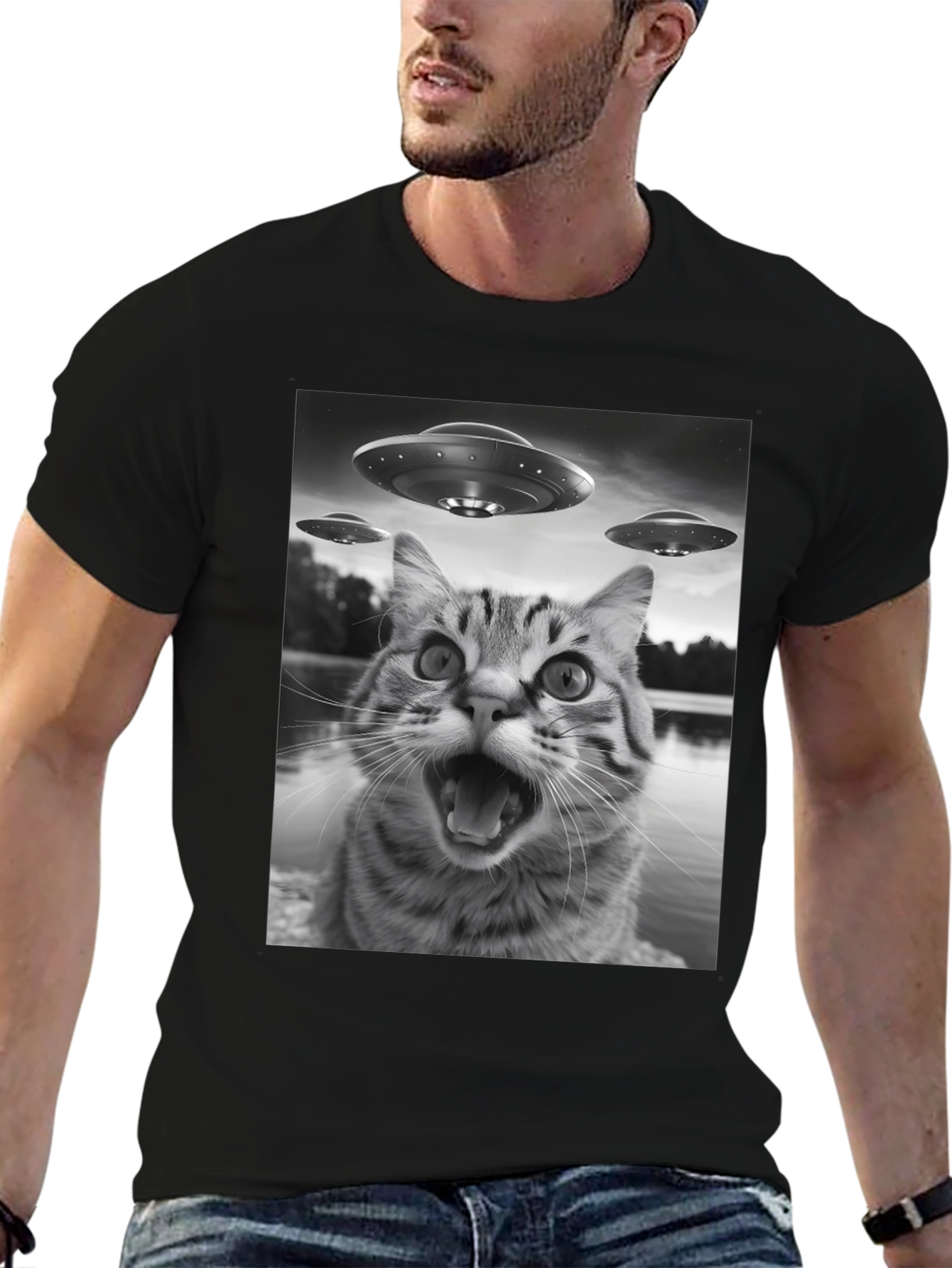 Alien Cat Abduction Black T-Shirt