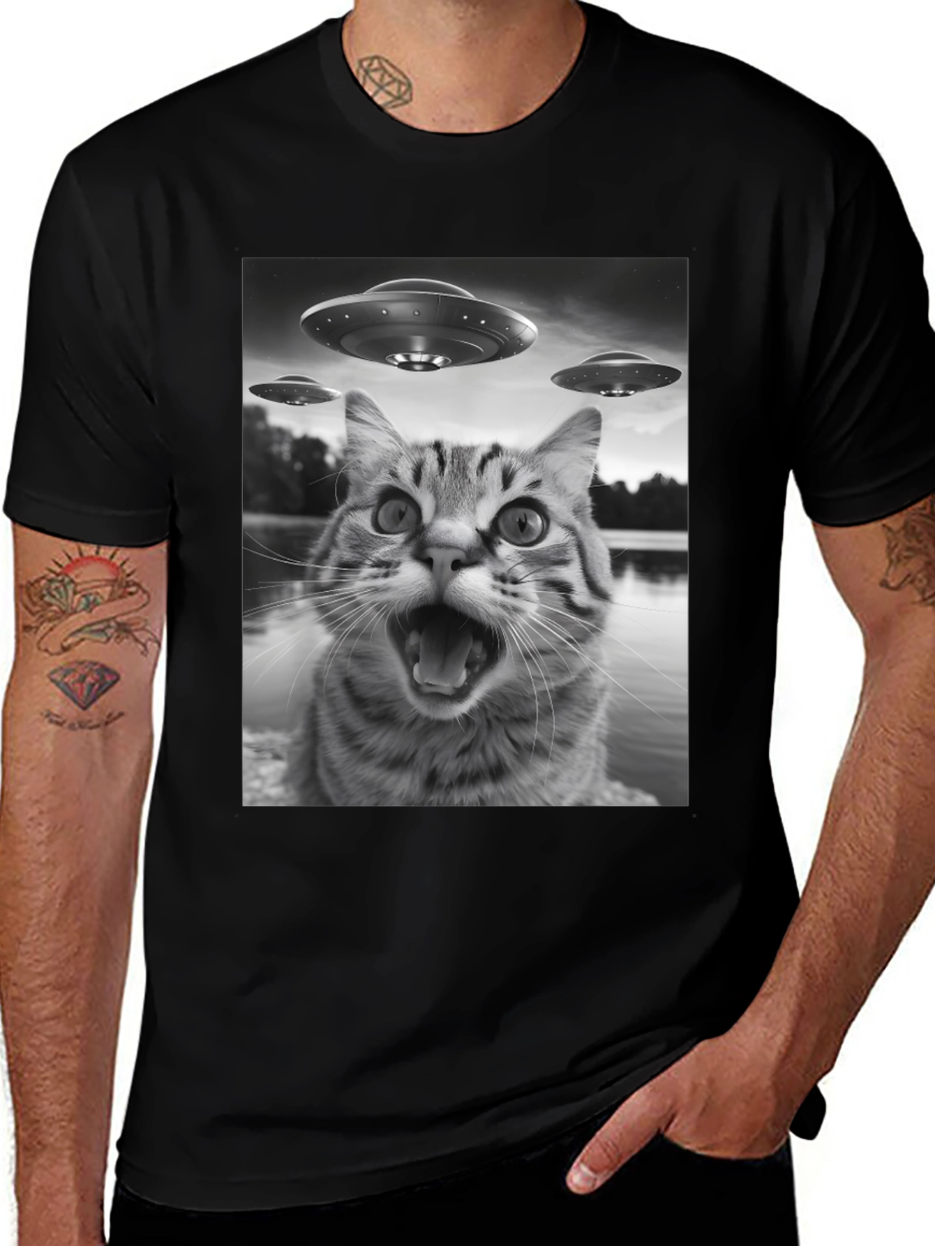 Alien Cat Abduction Black T-Shirt
