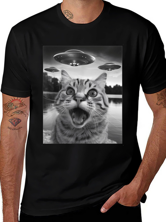 Alien Cat Abduction Black T-Shirt